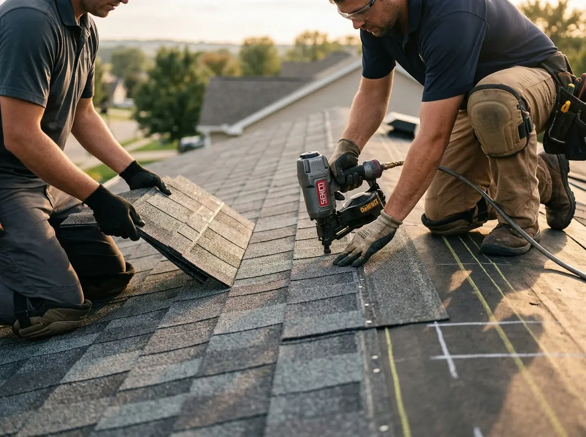 Professional roofer working on a residential roof in Forks